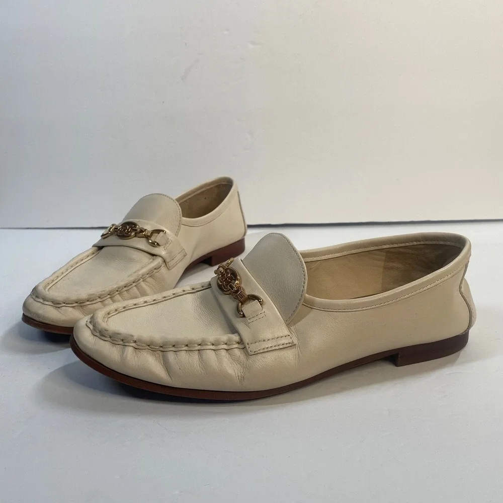 Sam Edelman Loraine Bit Loafers Women 6.5 Ivory Leather‎ Gold Hardware Classic